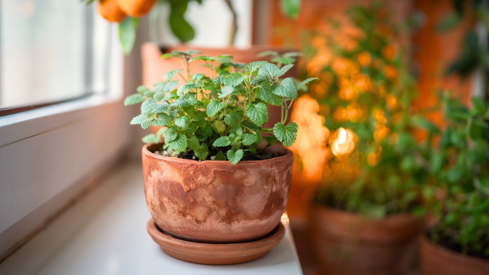 The Melissa plant, with its lush green leaves and delicate, serrated edges, thrives in an old terracotta pot on the windowsill, basking in natural light.
