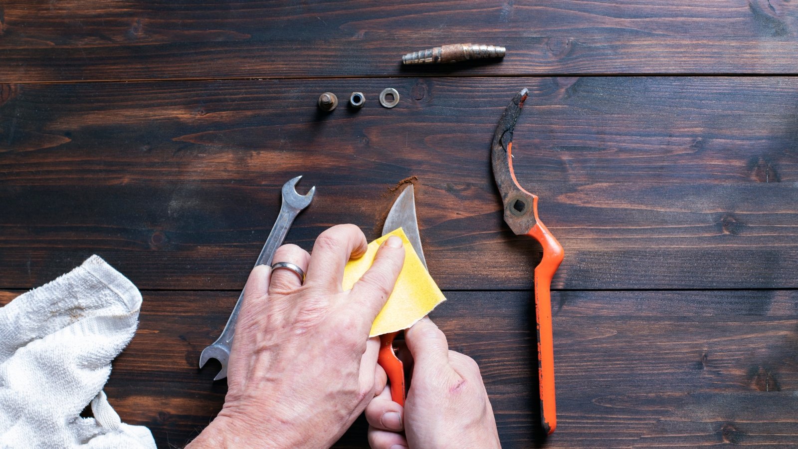 Hands using a yellow sponge to remove rust from a pruner on a wooden table, with a small cloth nearby.