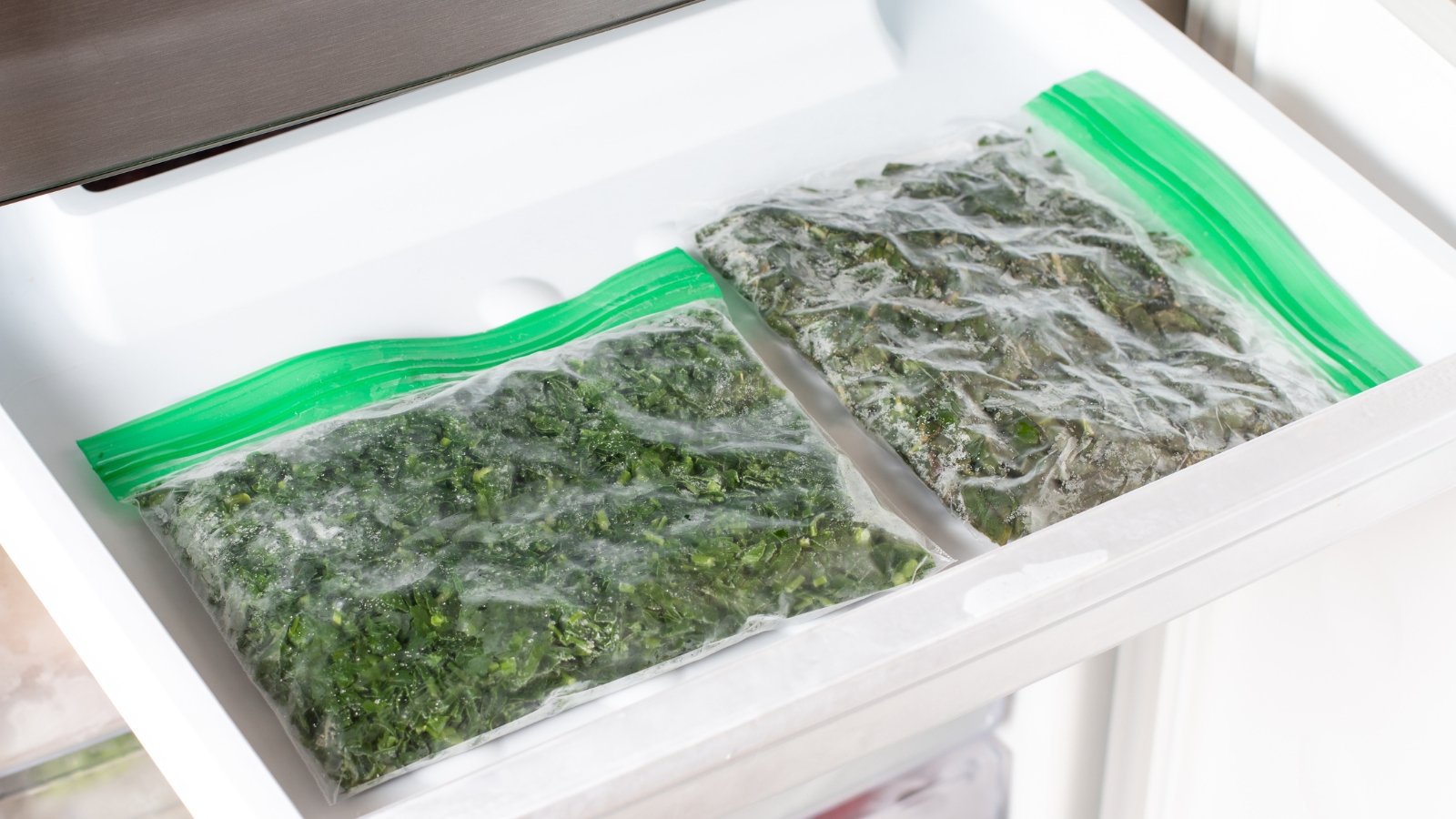 Clear zip bags filled with frozen basil leaves rest in the freezer, their vibrant green color slightly frosted under a thin layer of ice.
